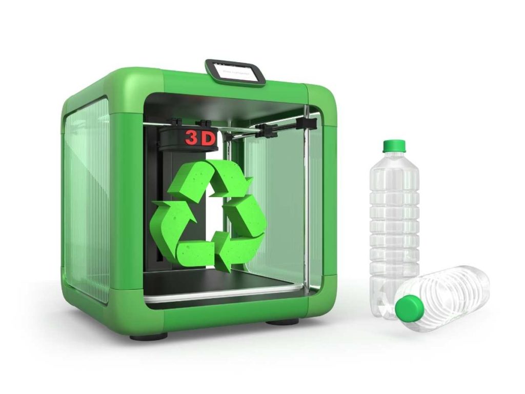 3d printer with water bottles and recycle logo