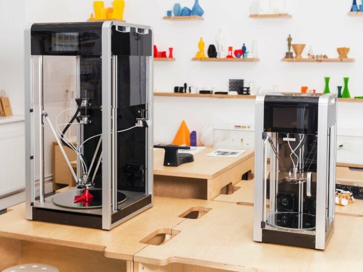 2 3d printers standing on a desk with 3d printed objects in background