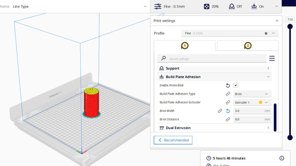 cura slicer and brim raft settings for cylinder