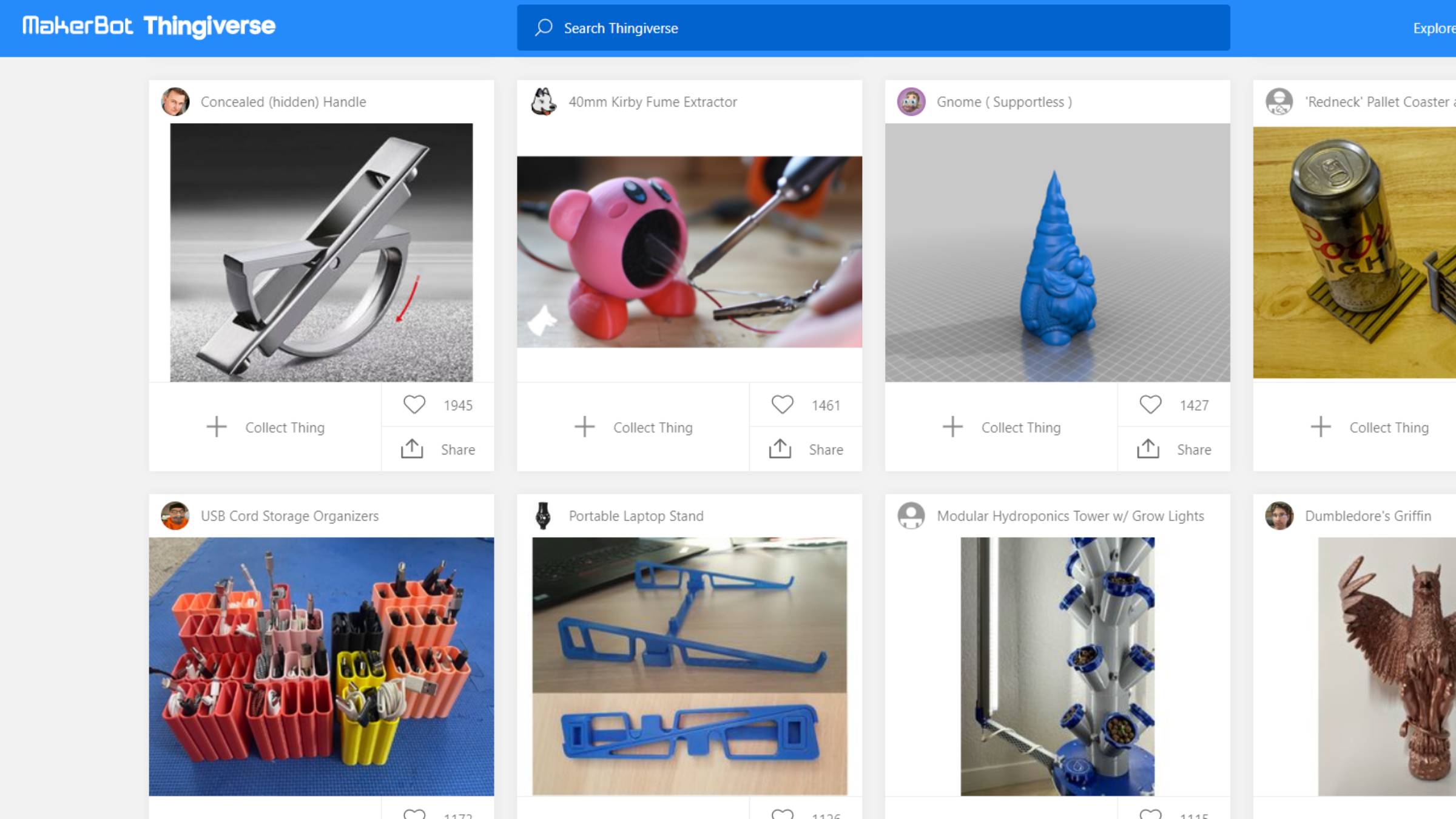 thingiverse overview with objects to 3d print with different rights