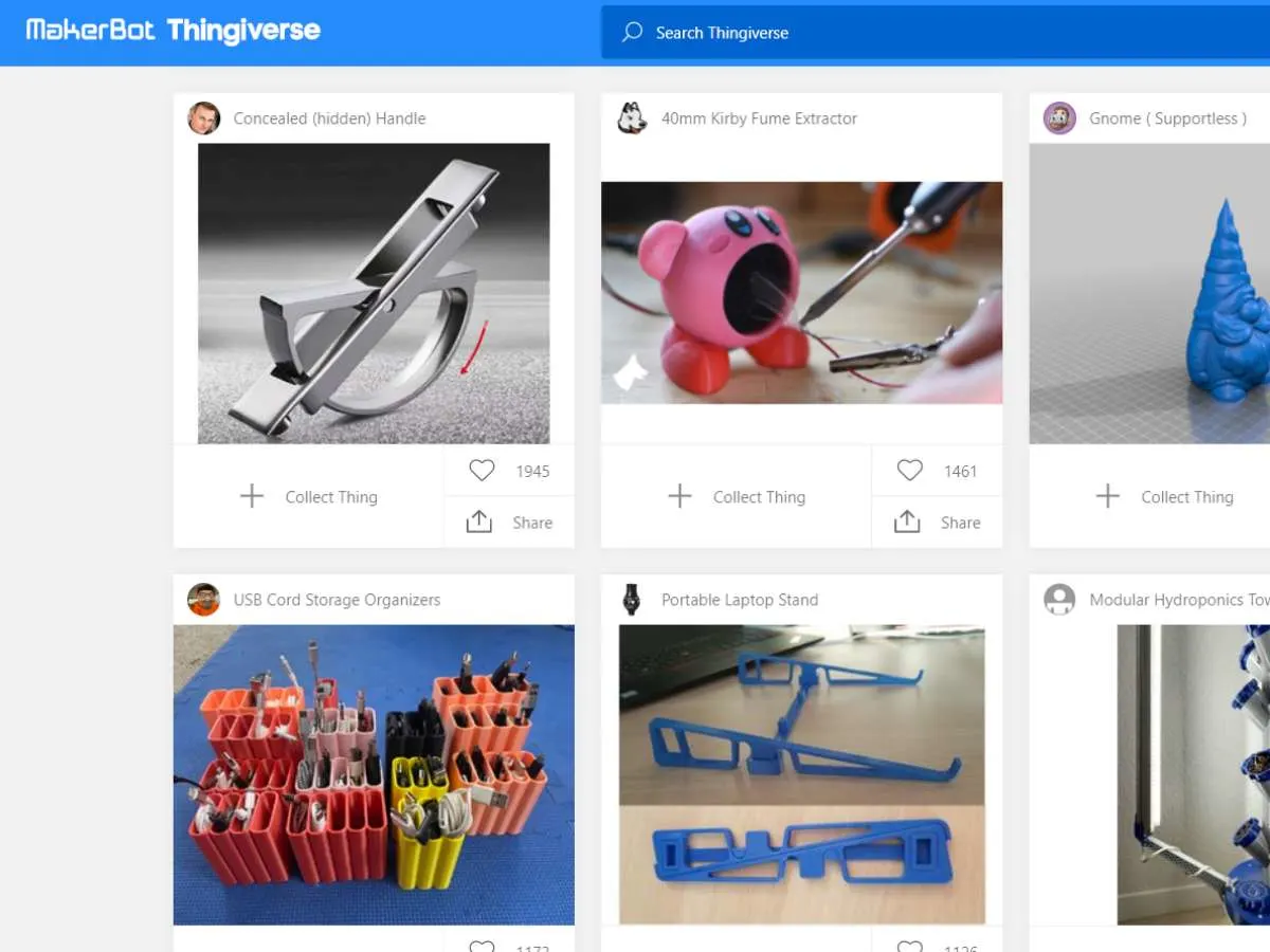 thingiverse overview with objects to 3d print with different rights